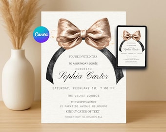 Editable Black Bow Birthday Invitation Minimalist Black Bow Birthday Invite Black Ribbon Coquette 16th 18th 21st 30th Birthday Party Canva