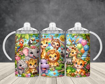 Cute Jungle Animals 12oz Kids Sippy Cup PNG, Safari Baby Animal Sublimation Design, Toddler Cup Wrap Digital Download