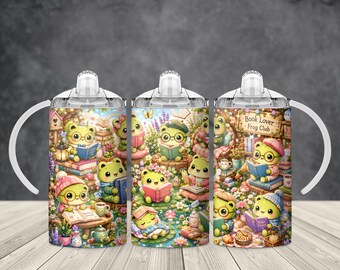 Book Lover Frog Club 12oz Kids Sippy Cup PNG, Cute Reading Frog Sublimation Design, Kids Cup Wrap Digital Download