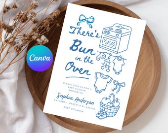 Bun in the Oven Baby Shower Invitation | Editable Baby Shower Template | Hand Drawn Bread Theme Invite | DIY Printable Boy Baby Shower