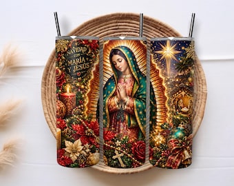 Virgen de Guadalupe Christmas 20oz Skinny Tumbler Wrap PNG, Navidad con Maria y Jesus Catholic Sublimation Digital Download