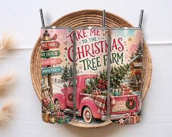 Christmas Tree Farm Tumbler Wrap PNG, Pink Vintage Truck 20oz Skinny Sublimation, Farmhouse Christmas Holiday Digital Download