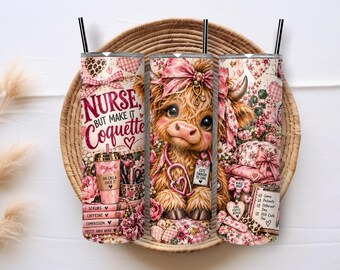 Highland Cow Nurse Tumbler Wrap PNG, Pink Coquette Nurse 20oz Skinny Sublimation, Cute RN Medical Gift Digital Download
