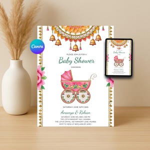 Może przedstawiać: Zaproszenie na baby shower z ilustracją różowego wózka dziecięcego. Zaproszenie zawiera tekst "Baby Shower" oraz szczegóły wydarzenia, takie jak data, godzina i miejsce. Projekt zawiera elementy kwiatowe i dekoracyjne.