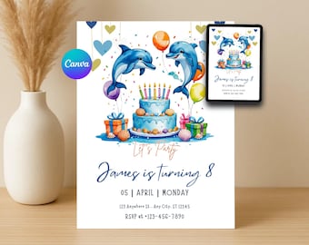 Editable Dolphin Birthday Invitation Ocean Party Invite for Kids Instant Download Canva Template Printable
