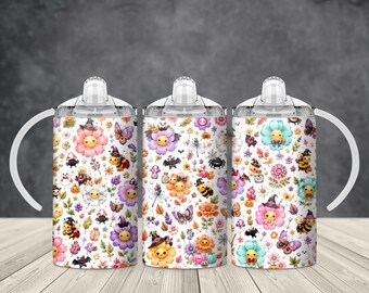 Cute Halloween 12 oz Kids Sippy Cup PNG Wrap, Floral Pumpkin Bee Pattern Sublimation Design, Digital Download