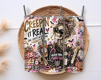 Spooky Nurse 20oz Skinny Tumbler Wrap PNG, Skeleton Nurse Halloween Sublimation, Gothic Pink Nurse Coffee Digital Download