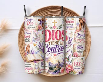 Dios Tiene El Control 20oz Skinny Tumbler Sublimation PNG Wrap, Spanish Christian Faith Design Digital Download