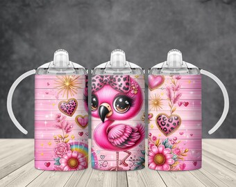 May include: Three pink sippy cups with white handles and lids. Each cup features a cartoon flamingo with a leopard print bow, hearts, flowers, and a rainbow on a pink wood-grain background. The cups are decorated with hearts and floral accents.