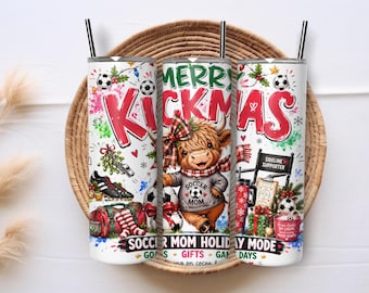 Christmas Soccer Mom Tumbler Wrap PNG, Highland Cow 20oz Skinny Sublimation, Game Day Sports Mom Holiday Gift Digital Download