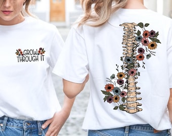 Grow Through It T-Shirt, Motivational Quote Tee, Floral Skeleton Graphic, Halloween Gift For Friends