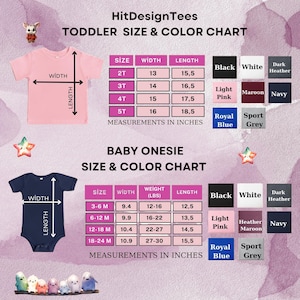May include: A size and color chart for HitDesignTees toddler t-shirts and baby onesies. The chart displays width and length measurements in inches for sizes 2T-5T and 3-24 months, alongside color swatches including black, white, pink, and navy.