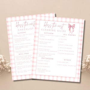 Mallpaket för bofest: Redigerbar checklista och städguide, aktiviteter för babyshower för flickor, rosa gingham-rosett