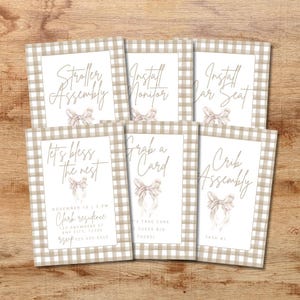 Mallar för inbjudningar till bofest: Inbjudnings- och uppgiftskort, könsneutrala babyshoweraktiviteter, ginghamrosett