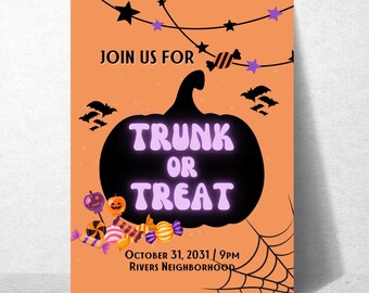 Trunk or Treat Flyer Editable Instant Digital Download, Kids Trick or Treat Invitation Template, Cute School Halloween Party Poster