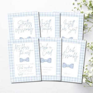 Mallar för inbjudningar till bofest: Inbjudnings- och uppgiftskort, babyshoweraktiviteter för pojkar, blå ginghamfluga