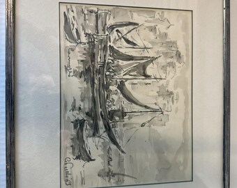 May include: Abstract watercolor painting of sailboats in grayscale, framed in a silver-toned metal frame. The artwork features a minimalist style with bold brushstrokes and a focus on light and shadow. Signed by the artist, with the year 1963.