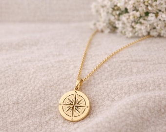 Sierlijke 14k gouden kompasketting, gepersonaliseerde kompashanger, kompascadeau, kompassieraden, polarisketting, gouden ketting voor vrouwen