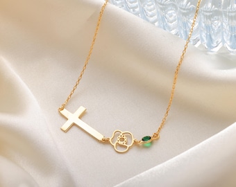 Seitlich Kreuz Halskette mit Geburtsstein, zierliche Gold Kreuz Halskette, Geburtsstein Blumen Kreuz Halskette, Konfirmationsgeschenk, Weihnachtsgeschenk