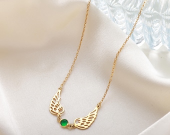 14k Gold Angel Wing Necklace: Birthstone Memorial Gift, Christmas Gift Mom