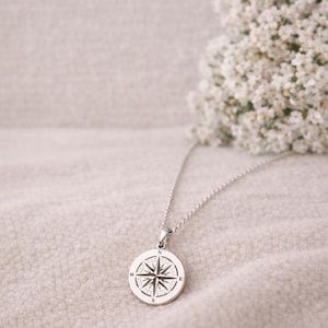 May include: A silver-coloured circular pendant necklace featuring a detailed black engraved compass rose design. The pendant hangs from a delicate silver-coloured chain, with the cardinal directions N, S, E, and W clearly marked on the face of the metal disc.