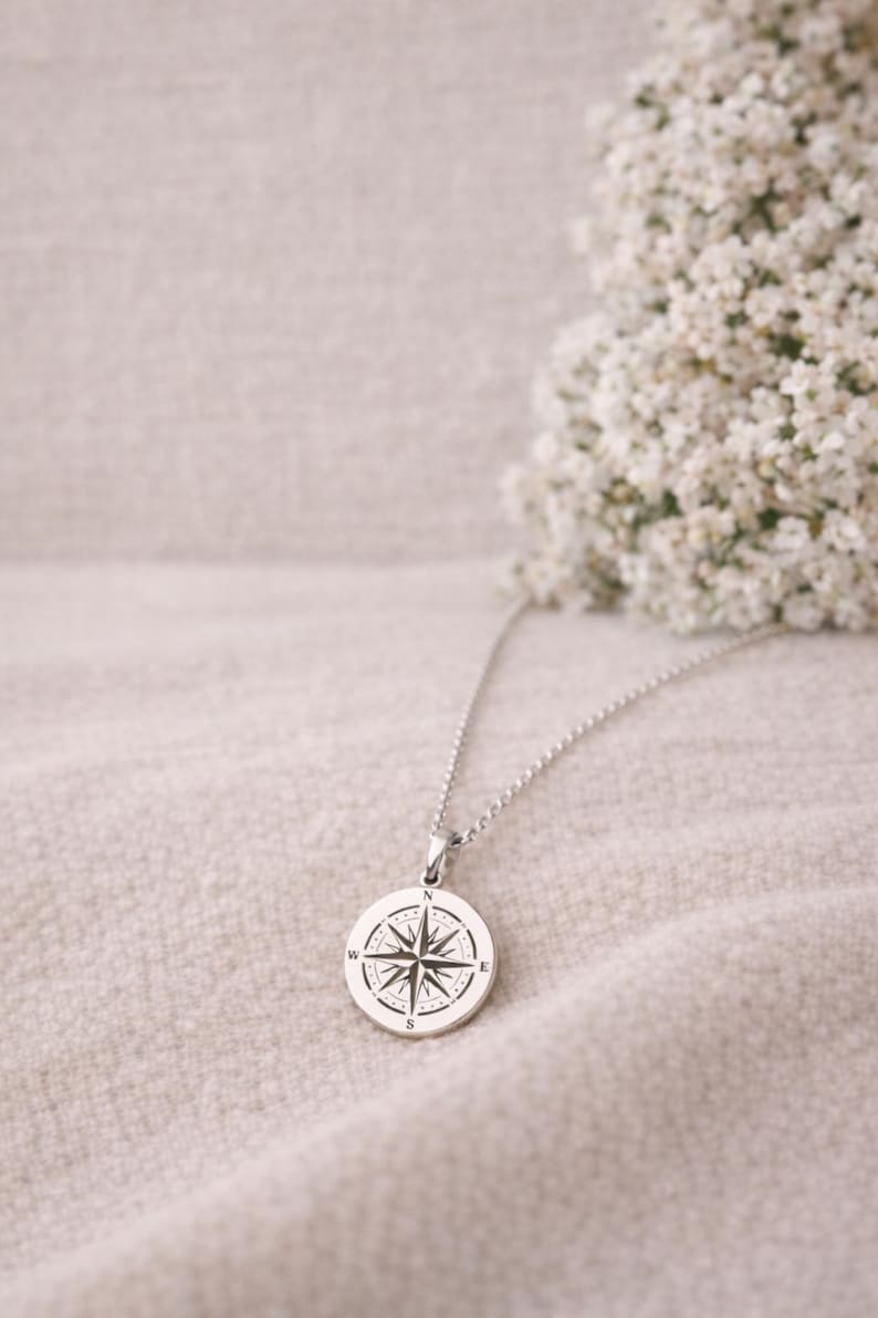 May include: A silver-coloured circular pendant necklace featuring a detailed black engraved compass rose design. The pendant hangs from a delicate silver-coloured chain, with the cardinal directions N, S, E, and W clearly marked on the face of the metal disc.