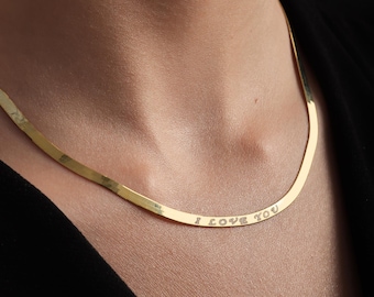 14K Gold Herringbone Chain Necklace, Snake Chain Necklace, Snake Choker Chain Necklace, Everyday Necklace for Women, Valentine's Day Gift