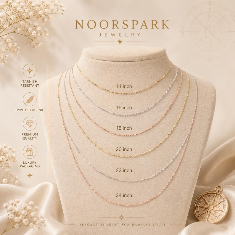 May include: A display of six metal chains on a jewellery bust, labelled with lengths from 14 to 24 inches. The chains vary in gold, silver, and rose gold tones. Text includes NOORSPARK JEWELRY, Tarnish Resistant, Hypoallergenic, Premium Quality, and Luxury Packaging.
