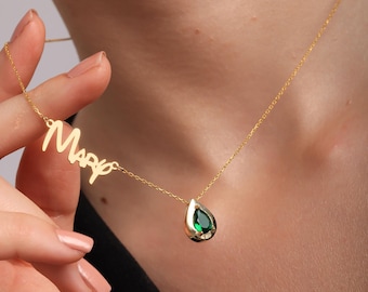 Handgemachte Birthstone Namenskette, benutzerdefinierter Name und Birthstone Halskette, personalisierte Tropfen Birthstone Namenshalskette, Geschenk für Frau