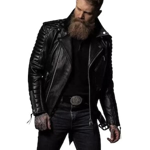 Men’s Quilted Black Biker Leather Jacket  Moto Style, Slim Fit Handmade jacket