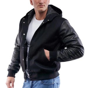 Men’s Varsity Bomber Jacket  Wool Body with Genuine Leather Sleeves, Baseball Letterman Style