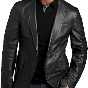 Men’s Black Lambskin Leather Jacket  Slim Fit Two Button Real Leather Blazer Coat