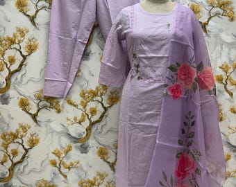 Hand Embroidered Cotton Kurta Pant Dupatta Suit, Indian Party Wear
