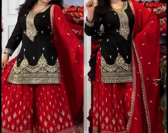 Silk Kurta Palazzo Dupatta Set, Pakistani salwar Kameez Readymade , Fully stitched 3 pic combo suit , weeding partywear stylish women suit