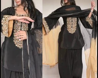 Satin de soie lourd indien Kurti Palazzo Kurta pour le créateur de fête Salwar Kameez costume noir Eid 3 pièces robe de soirée pour femmes robes