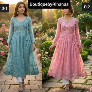 Puede incluir: Dos vestidos de manga larga, uno turquesa y otro rosa, con intrincados detalles de lentejuelas y bordados. Ambos vestidos tienen cuello en V y falda fluida, combinados con pantalones blancos. BoutiquebyRihanaa.