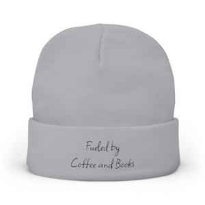 Embroidered Knit Beanie Hat - Fueled by Coffee and Books, Winter Accessories, Warm Skull Cap, Literary Gift, Cozy Headwear, Coffee Lover