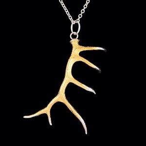 Medium Elk Antler Solid Sterling silver 22k Yellow Gold plated Pendant or Necklace  (Optional Chain)