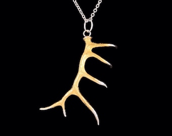 Medium Elk Antler Solid Sterling silver 22k Yellow Gold plated Pendant or Necklace  (Optional Chain)