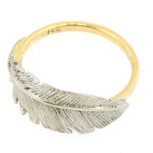 14k White Gold Feather Ring with a 18k Yellow Gold Band