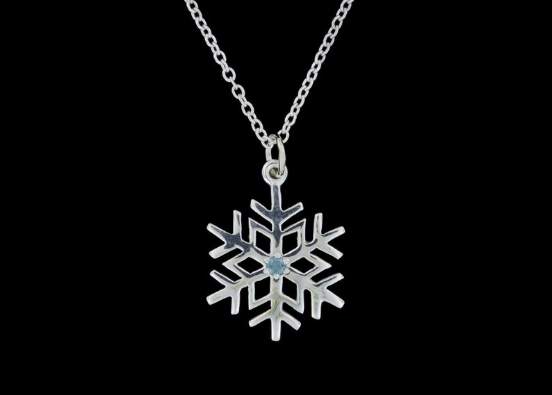 Optional Chain Sterling Silver High Polished Snowflake with .05ct Blue Diamond Center Pendant or Necklace