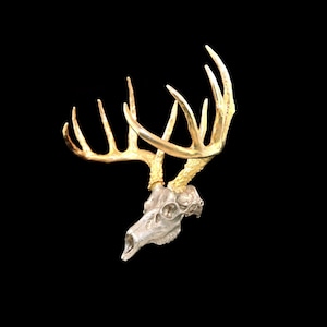 Solid 14k Yellow and White Gold Miniature 3D White Tail Deer 10 Point Buck Skull Sculpture