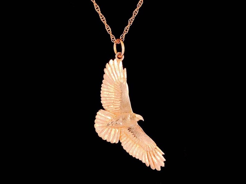 Solid 14k Rose Gold Full Soaring Red Tailed Hawk Pendant Image 0