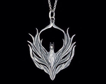 Sterling Silver Burning Mythical Phoenix Pendant or Necklace with an Oxidized Accent  (Optional Chain)