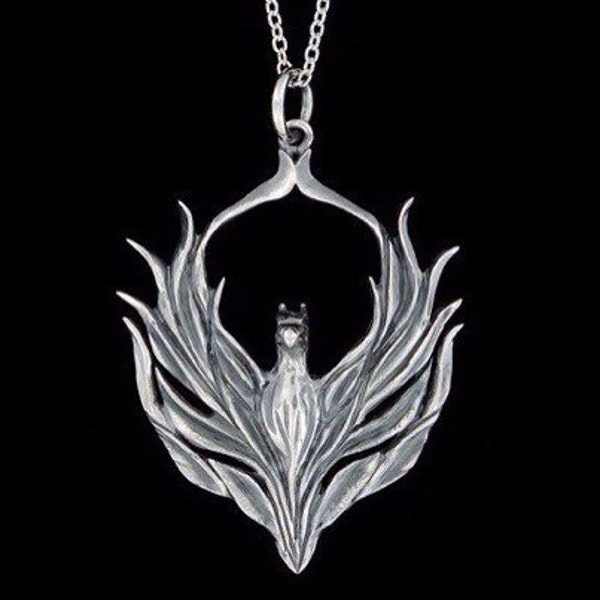 Sterling Silver Burning Mythical Phoenix Pendant or Necklace with an Oxidized Accent  (Optional Chain)