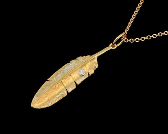 Solid 18K Yellow Gold Feather and .02ct Diamond Accent Pendant or Necklace (Optional Chain)