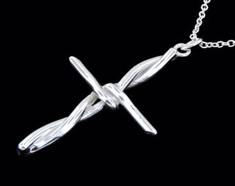 Sterling Silver Barbed Wire Cross Pendant or necklace (Optional Chain)