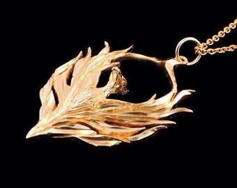 Solid 14k Yellow Gold Mythical  Phoenix Pendant (Optional Chain)