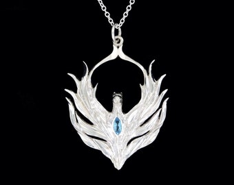 Sterling Silver Phoenix with Genuine Marquise Cut Blue Topaz Accent Pendant or Necklace (Optional Chain)