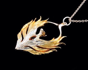 Sterling Silver Phoenix with Genuine Marquise Citrine and 22k Yellow Gold plating(Optional Chain)